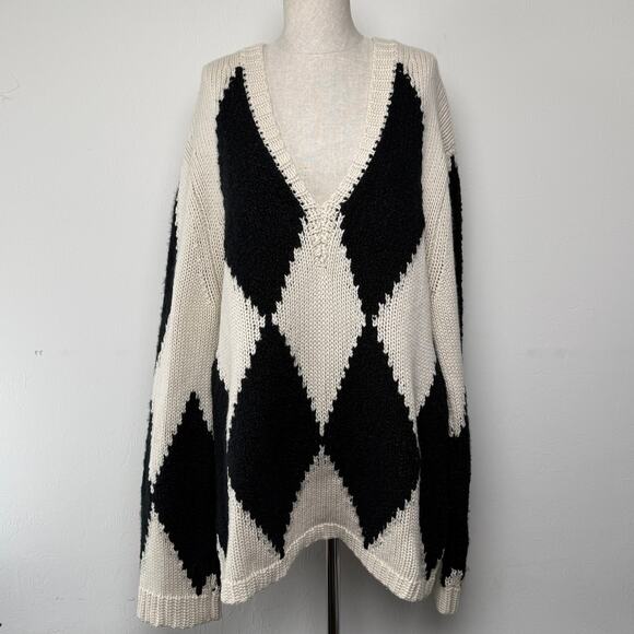 Khaite Valerie Argyle Cashmere Sweater Deep V-Neck Cream Black Oversized Cozy M - Picture 3 of 14